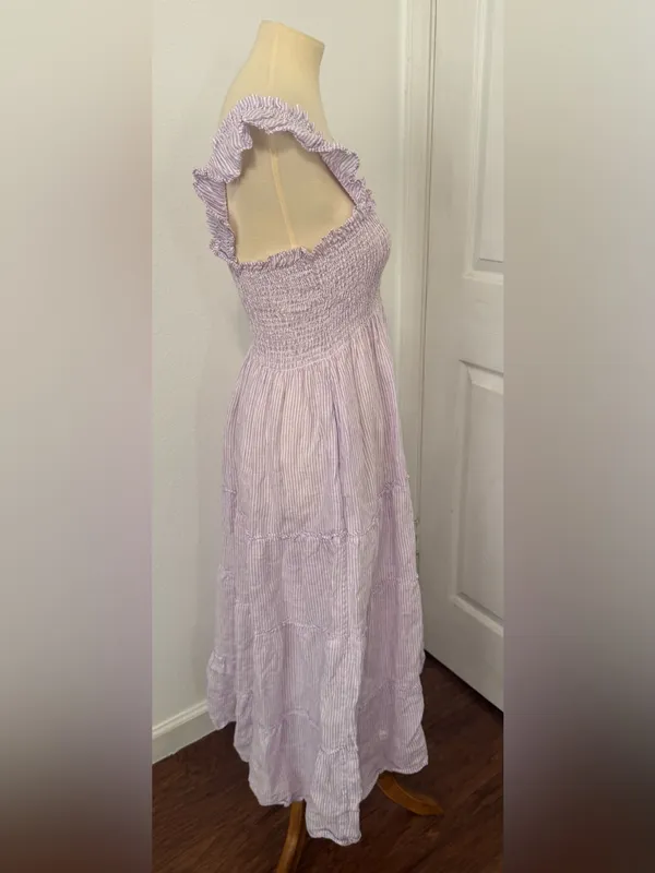 Hill House Home Lavender Stripe Linen Ellie Nap Dress Midi Smocked Preppy Med - Image 4