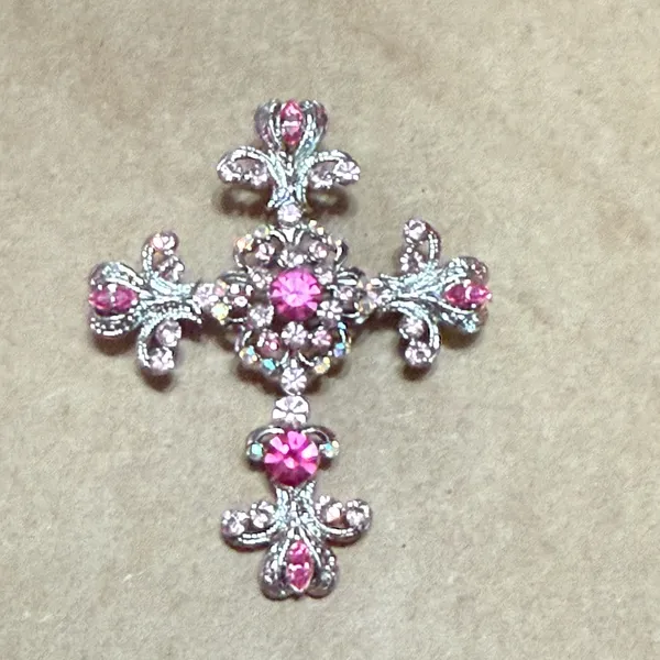 Elegant Pink and Silver Cross Pendant - Image 2