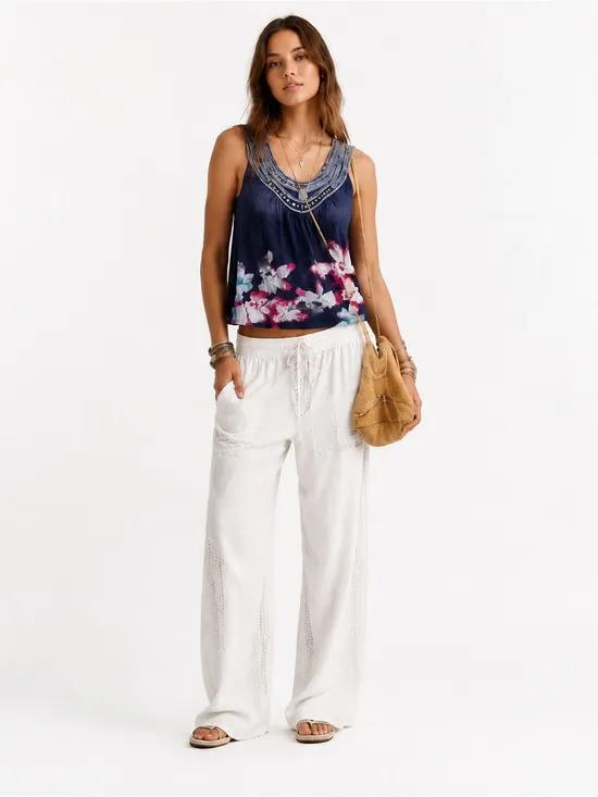 Anthropologie XS Navy Floral Tank Top Boho Beaded Scoop Neck Embellished Blouse - Image 2