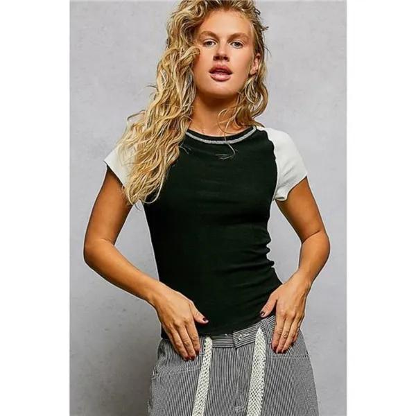 POL Round Neck Outseam Detail T-Shirt‎ with Contrast Color Sleeves - Image 2
