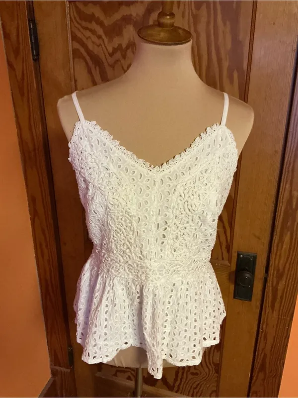 Japna White Eyelet Lace Peplum Cami Top Large Boho Cottagecore Adjustable Straps - Image 5