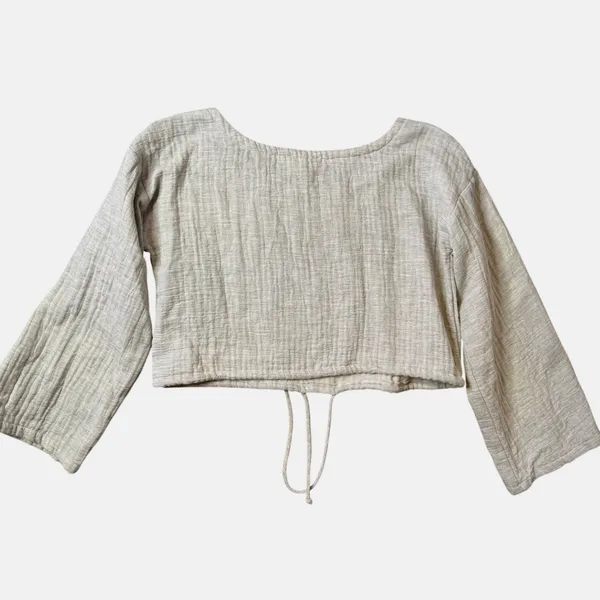A. Ren Cotton Crinkle Gauze Crop Top Womens S Long Sleeve Drawstring Boho Beige - Image 4