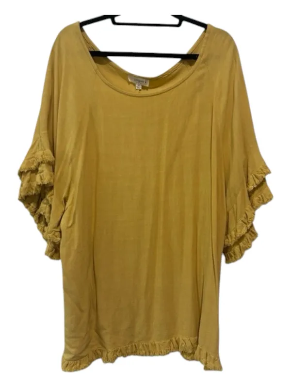 UMGEE Mustard Yellow Linen Cotton Fringe Ruffle Sleeve Boho Blouse Top XL - Image 2