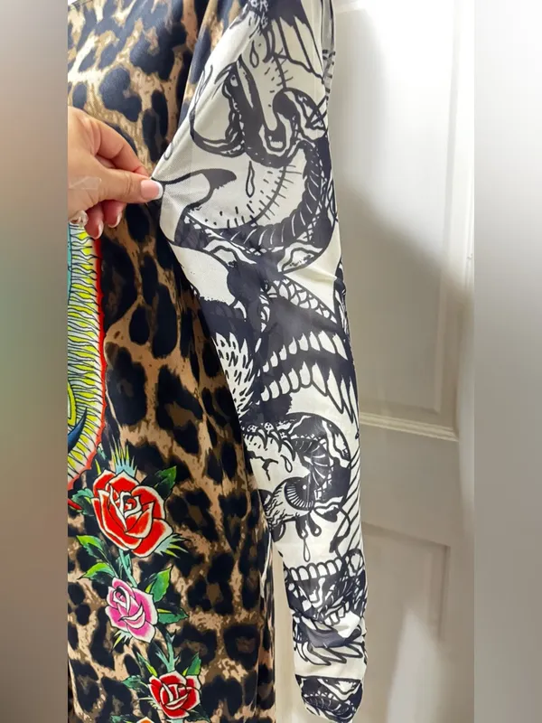 Ed Hardy Cheetah Print Mesh Bodycon Womens 2X Tattoo Logo Y2K 90s Sheer Dress - Image 11