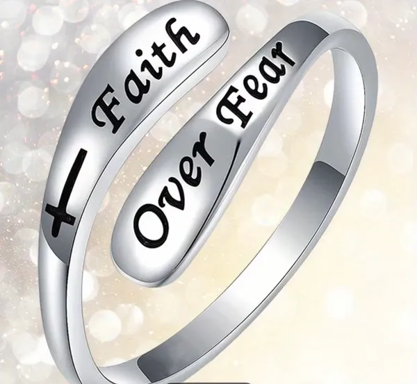 & Other Stories Women’s Stainless Steel Silver “Faith over Fear” Adjustable Ring Size 6-9 - Image 2