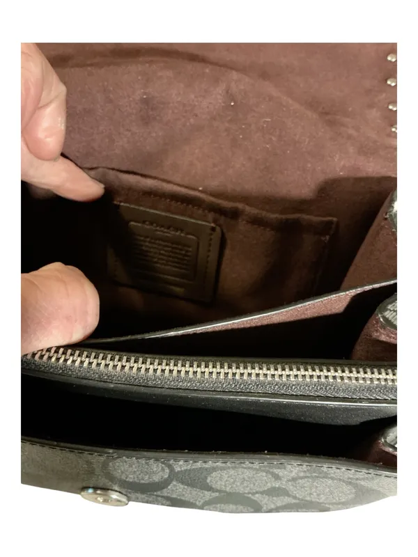 COACH Black Leather & Signature Canvas Studded Crossbody Shoulder Bag w/ Chain Strap - Image 3