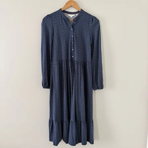 Boden Buttoned Jersey Midi Dress Navy Diamond Bud Tiered Cottagecore Size 8P - Image 2