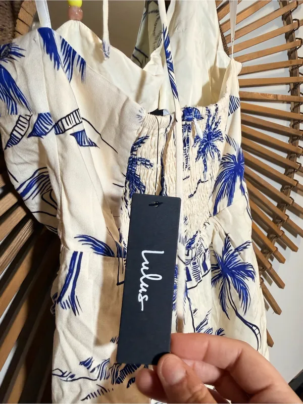 Lulus Inina Ivory & Blue Print Asymm Halter Printed Mini Dress Vacation Resort Beach - Image 12