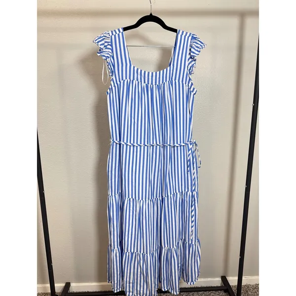 Draper‎ James RSVP Blue White Striped Tiered Midi Dress Ruffle Sleeve Small - Image 2