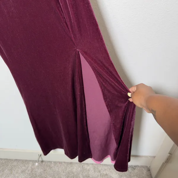 Ricarica Women Maxi Velour Maxi Dress XL Burgundy Ruffle Thigh Slit Formal Gala - Image 5