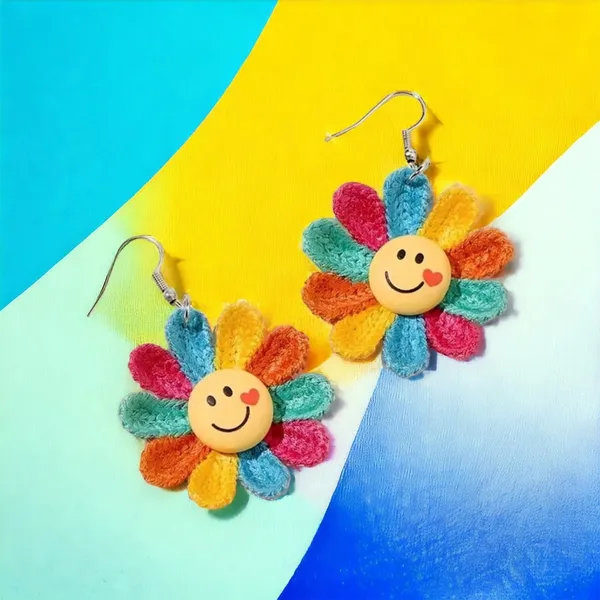 Rainbow Color Sunflower Smiling Face Design Dangle Earrings‎ Cute Knit Style - Image 5