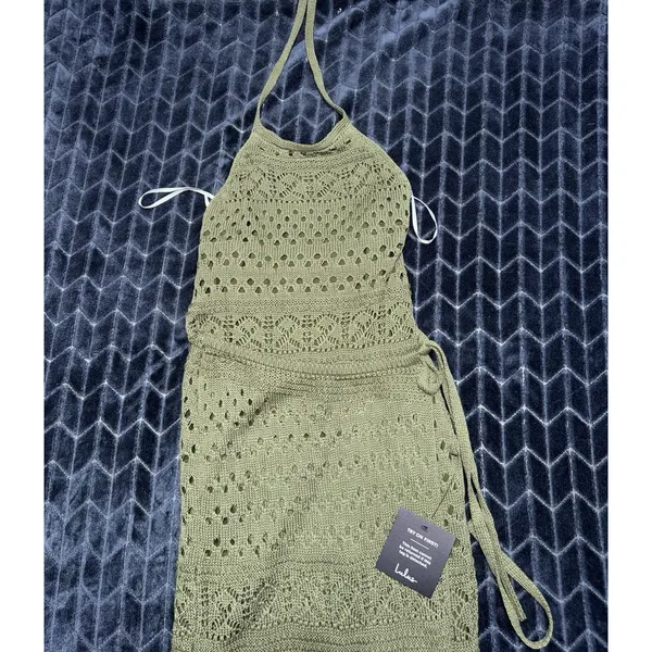 Lulus Green Crochet Knit Tie Halter Neck Wrap Midi Dress Sleeveless Small NWT - Image 3