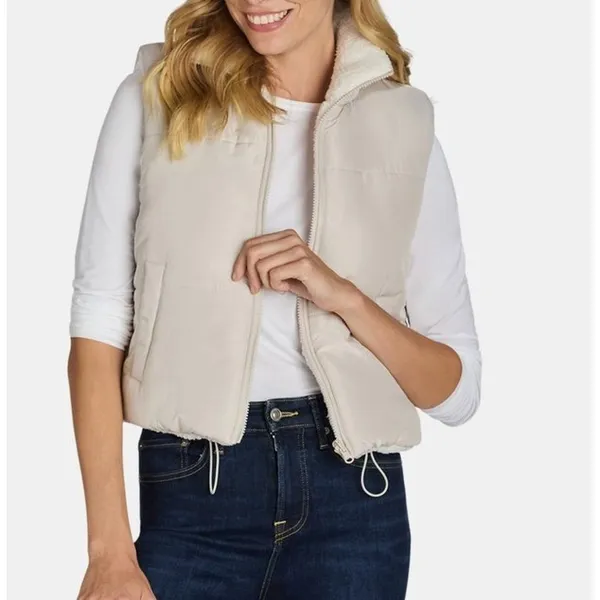 No Boundaries Womens Reversible Puffer Sherpa Vest Size XL Stone Tile Zip Pocket - Image 3