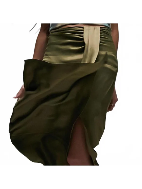 Topshop Ruched Front Vent Satin Maxi Skirt Sarong Skirt NWT Green Size 2 - Image 3