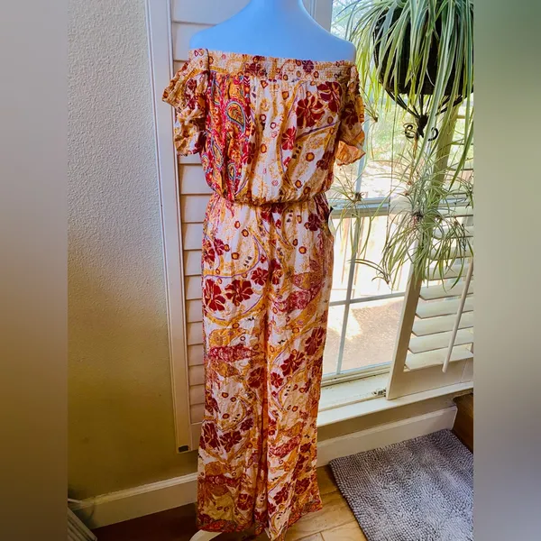 Free People Carmen Boho Floral Orange Jumpsuit Flowy size small - Image 9