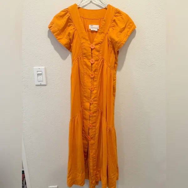 ANTHROPOLOGIE Flutter Sleeve Button Front‎ Midi Dress Orange - Image 3
