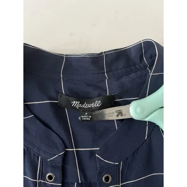 Madewell Silk Lace-up Shirt Blouse Windowpane Plaid Navy White Size Small - Image 5