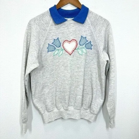 Lee Vintage 80s Collared Grannycore Sweater Grey Hearts & Tulips Embroidered Size L - Image 2