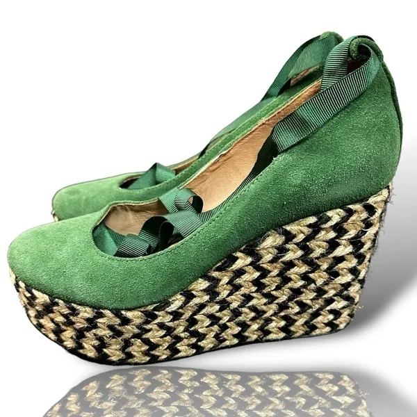 Free People Suede Lace Up Charade Espadrille Wedge Heels Green Size 36 US 5.5 - Image 6