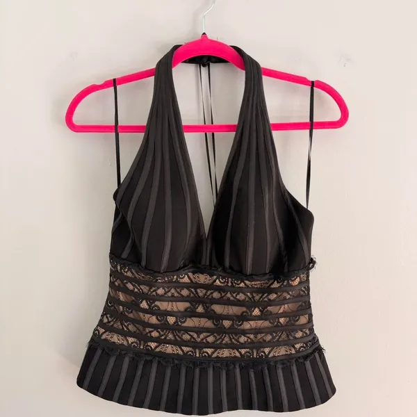 Y2K BLACK CACHE LACE OVERLAY HALTER NECK TOP - Image 2