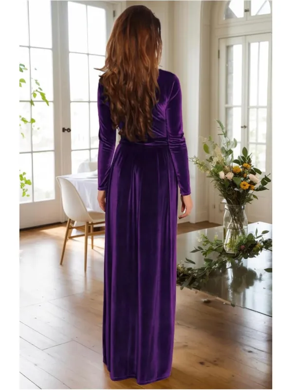 NEW Velvet Maxi Dress Crew Neck Long Sleeve High Waist Belted L - Image 3