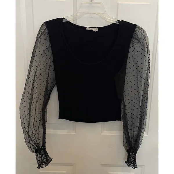 Altar'd State Black Top Sheer‎ Puff Sleeves Polka Dot Twee Whimsigoth Womens M - Image 2