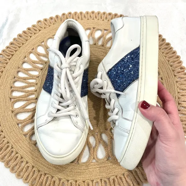 Tory Burch Carter Glitter Sneaker Women's Size 7M Lace Up White Blue - Image 2