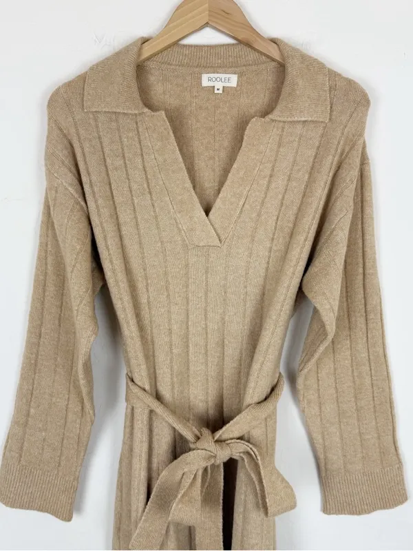 Roolee V-Neck Knit Ribbed Sweater Belted Midi Dress - Image 2