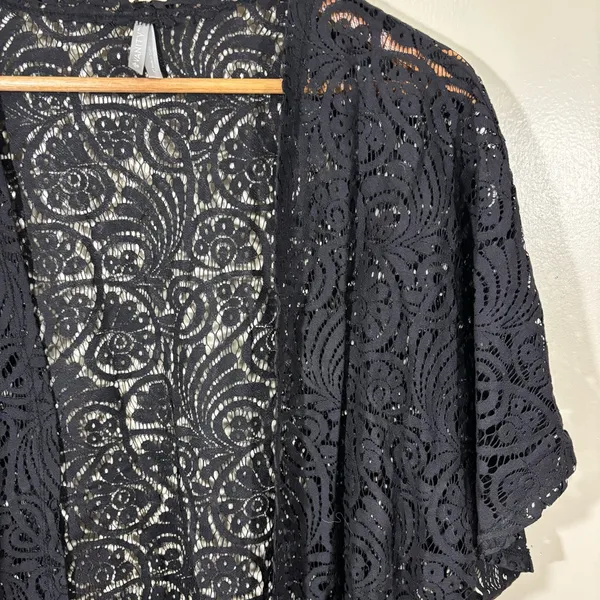 Vanity Y2K Black Lace Cover-Up Kimono with Fringe Size L - Image 2