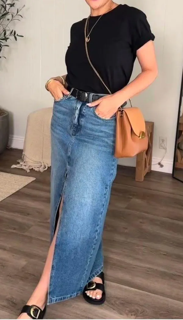 maxi midi full length cargo high waist a line casual denim jean skirt - Image 2