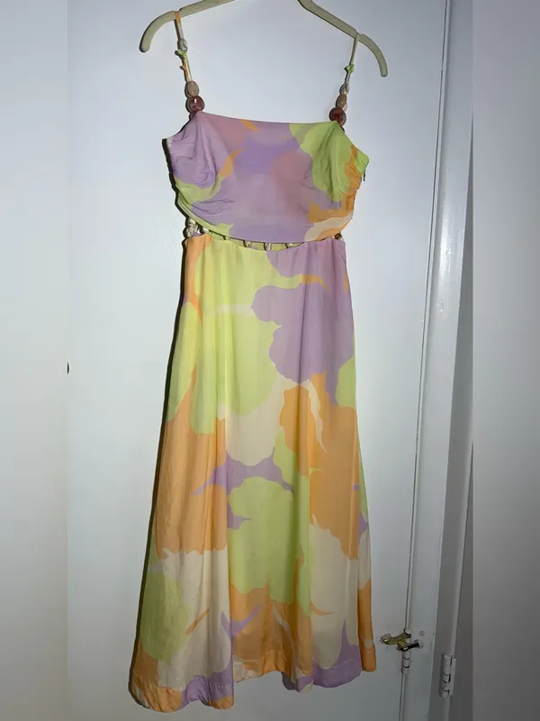 Amur Pastel Floral Midi Dress with Beaded Waist Straps - Yellow Green - Image 12