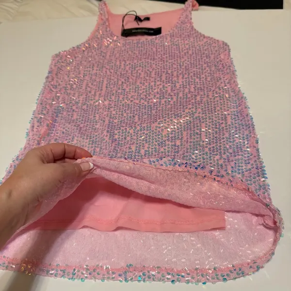 Dolls Kill Club Exx Celestial Gaze sequinned Festival mini dress, pink, M, NWT - Image 9