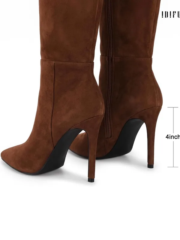 Chocolate Knee High Pointed Toe Stiletto Heel Tall Sexy Faux Suede Boots IDIFU - Image 3