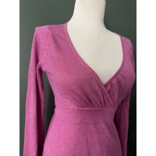Vintage Y2K MKM Designs Pink Magenta Shimmer Long Sleeve Babydoll Top Sz Medium - Image 2
