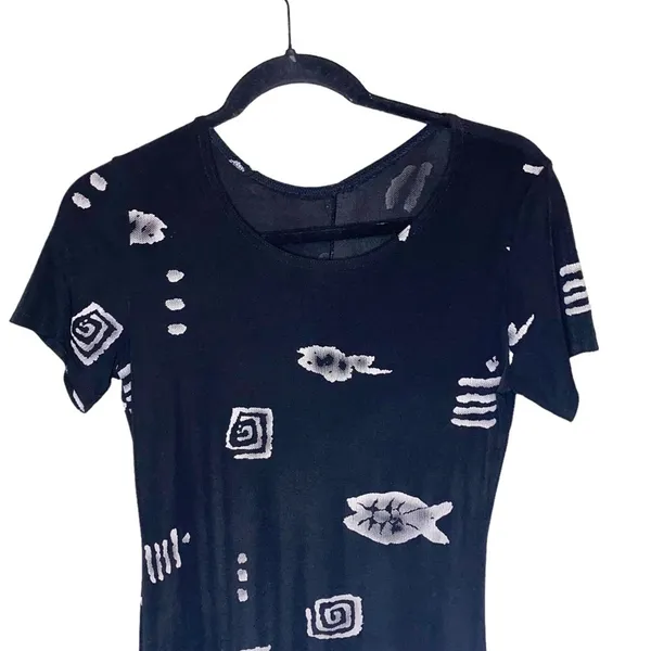 Vintage Black Maxi Dress Abstract‎ Print Short Sleeve Minimalist 90s Grunge - Image 3