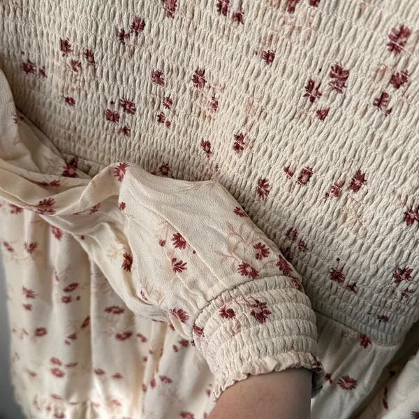 American Eagle Ivory Long Sleeve Smocked Floral Babydoll Dress - Image 6