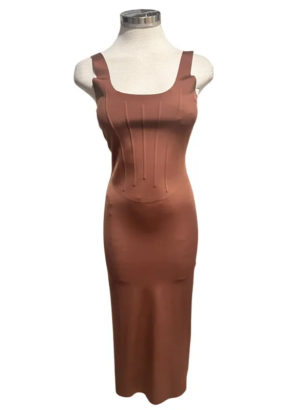 Zara Polyamide Blend Corset Midi Dress Stretch Brown Size Small - Image 2
