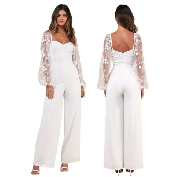 Lulus Darling Charisma White Mesh Embroidered Jumpsuit 9J2773 XS Wedding Bridal - Image 2
