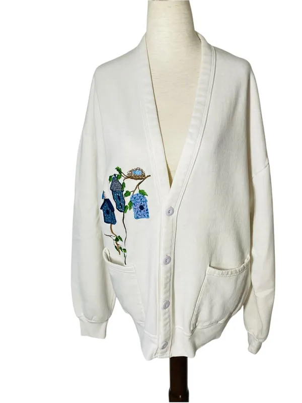 VINTAGE JERZEES Embroidered Birds Birdhouse Cardigan - Image 4