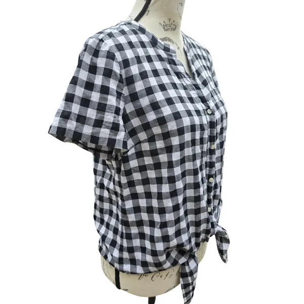 J.Crew Womens Black White‎ Gingham Tie Front Short Sleeve Button Up Shirt Small - Image 2