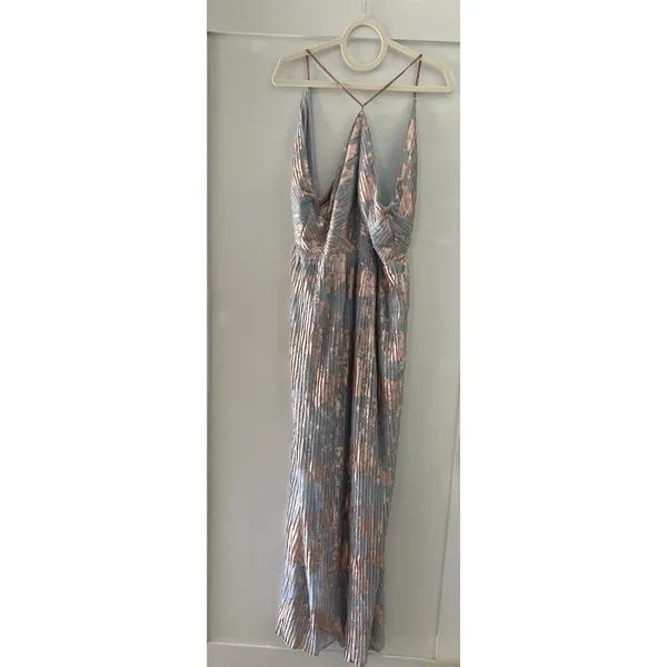 Adrianna Papell Pleated Foil Dress‎ Size 12 Blue Slate Multi Full Length Maxi - Image 2