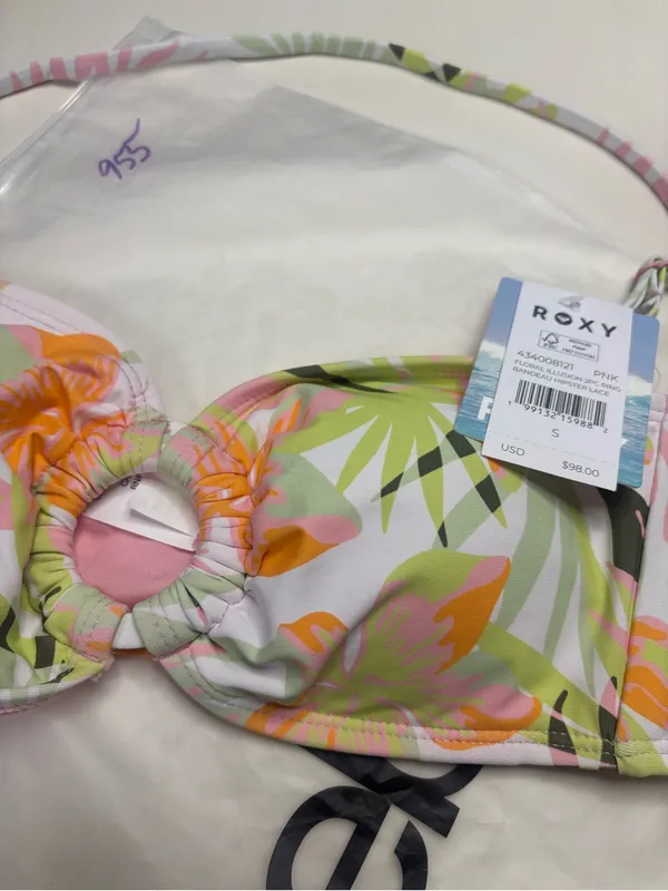 Roxy Floral Illusion Pink Bandeau O-Ring Bikini Set Tropical Size Small New Swim - Image 4