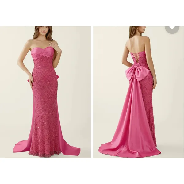 Azazie Maxi Dress Strapless Beaded Bow Amarylis Size US00 Fuchsia Pink - Image 6