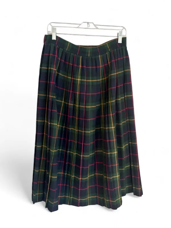 Vintage Pleated Midi Skirt by Leslie Fay Sportswear Dark Green Plaid Sz 14 P - Image 2