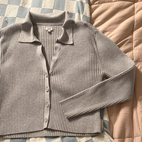 Aerie Gray Ribbed Button-Up Sweater - Image 2