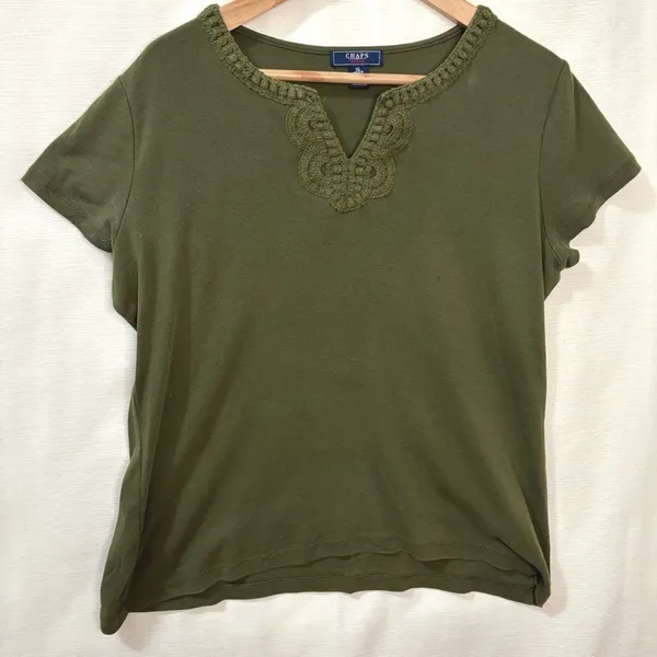 Chaps Denim Top Women XL Olive Green Crochet‎ Lace Split Neck Cotton Boho Casual - Image 2