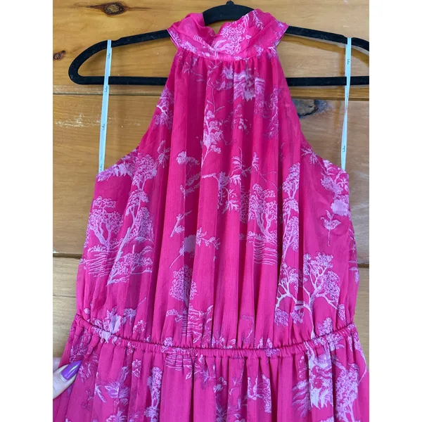 NWT Lulus Float to You Hot Pink Floral Print Halter-Neck Tiered Midi Dress Sz M - Image 5