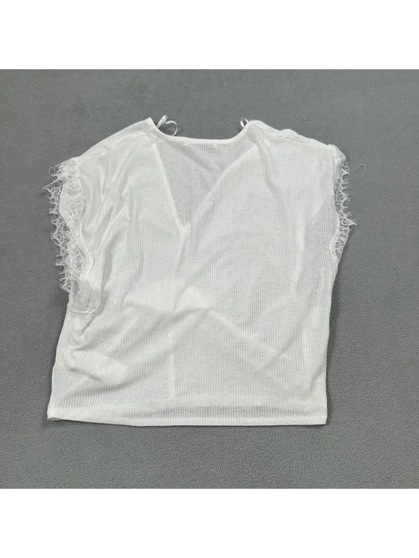 Zara Women's White Ribbed Lace Sleeve V-Neck Cutout Blouse Top Size Small - Image 2