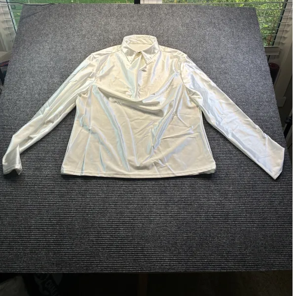 Off White Satin Cowl Neck Long Sleeve Blouse Pointed Collar Elegant Top XL - Image 4