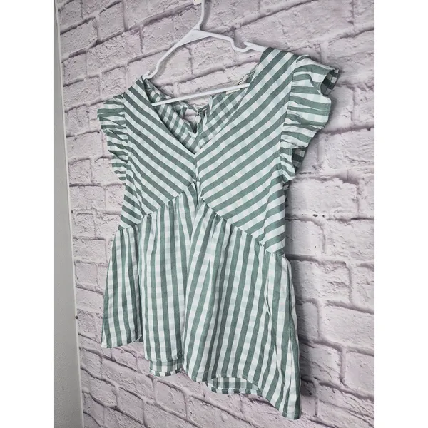 &merci Gingham Peplum Blouse Size L Green White Ruffle Cap Sleeve Tie Back Top - Image 2